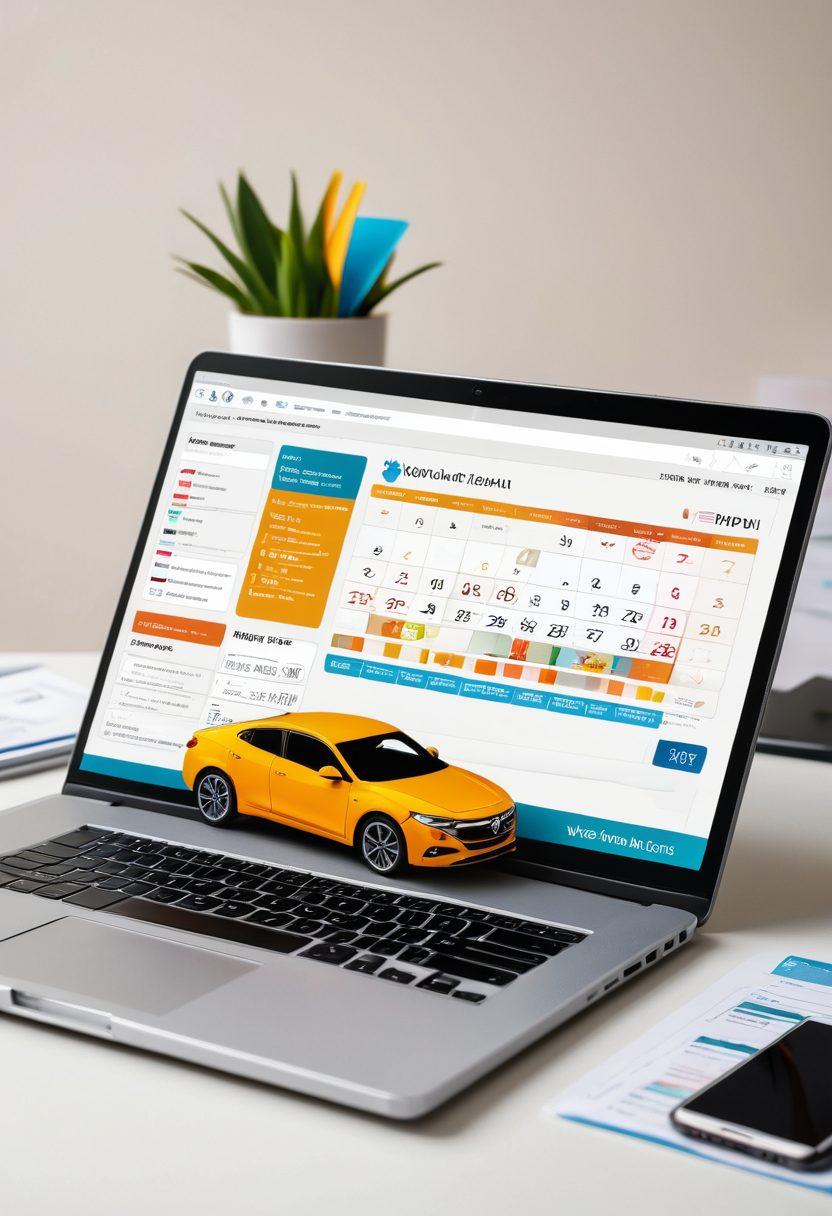 A sleek laptop and smartphone displaying the Virginia DMV website, surrounded by icons of documents, car keys, and a calendar. A family efficiently managing their tasks online, with a sense of ease and accomplishment. Vibrant colors, vector art, white background.